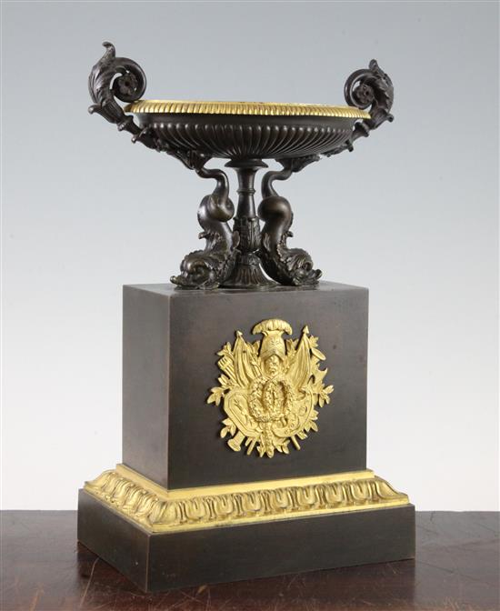 A French bronze and ormolu oval two handled urn, 11.5in.